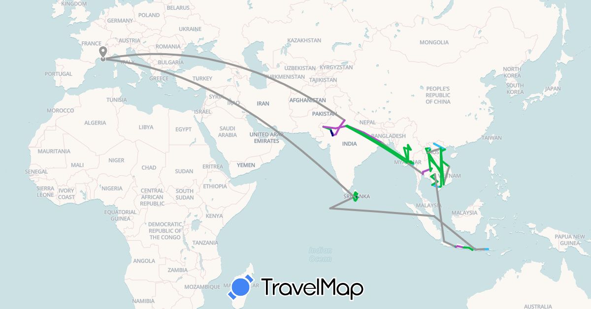TravelMap itinerary: driving, bus, plane, train, boat, motorbike in France, Indonesia, India, Cambodia, Laos, Sri Lanka, Myanmar (Burma), Maldives, Singapore, Thailand, Vietnam (Asia, Europe)