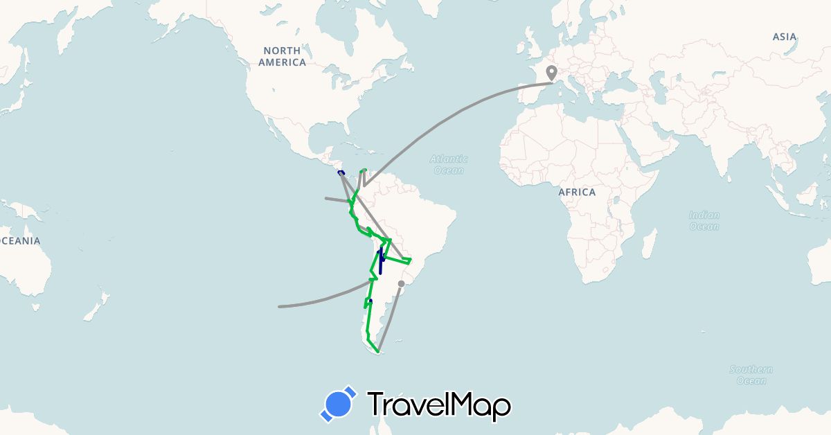 TravelMap itinerary: driving, bus, plane in Argentina, Bolivia, Chile, Colombia, Costa Rica, Ecuador, France, Peru, Paraguay (Europe, North America, South America)